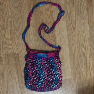 Handmade Upcycled Crochet Pop Tab Purse Crossbody Bag Pink Blue Unique‎